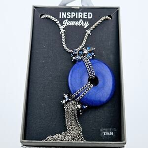 Blue Round Donut Pendant Necklace With Silver Tone Tassel Fringe Chain